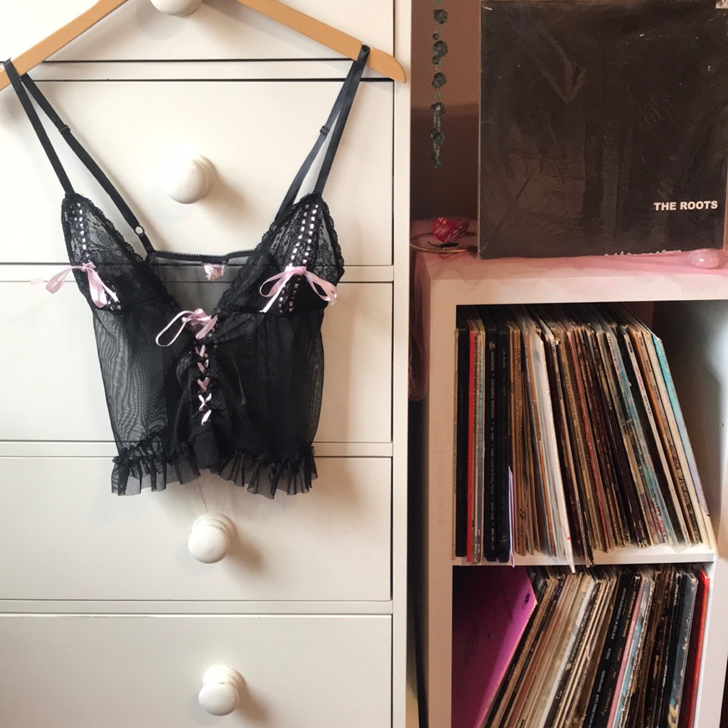 Vintage Y2k Frederick's Of Hollywood Corset Ribbon Bow Black Pink Sexy Cami Tank